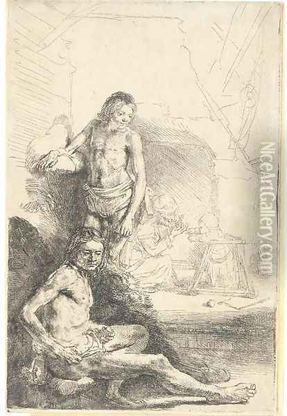 Nude Man seated and another standing, with a Woman and a Baby lightly etched in the Background Oil Painting - Rembrandt Van Rijn