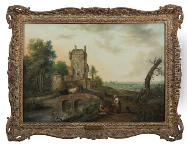 Landscape With Stone Tower And Bridge Oil Painting - Jean Baptiste Tency