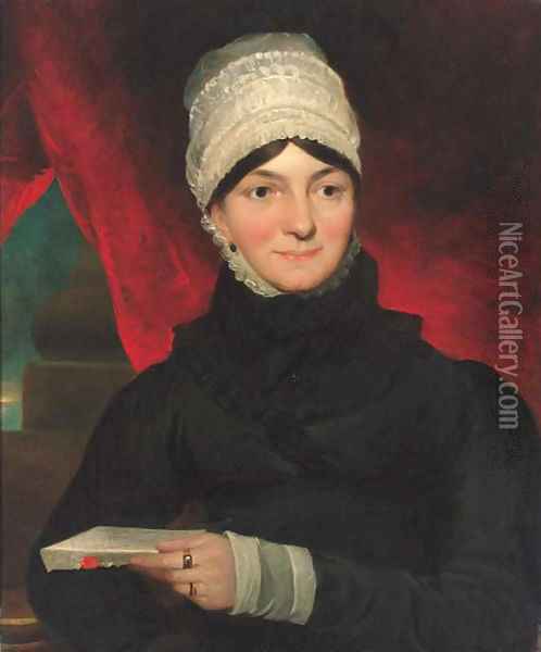 Portrait of Mrs Evans, half-length, in a black dress with white bonnet, holding a letter in her left hand Oil Painting - John Constable