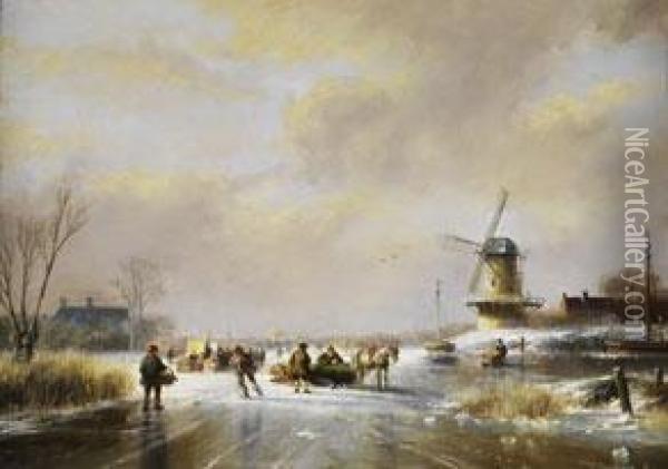 Pferdeschlitten Und Eislaufer In Weiter Polderlandschaft Oil Painting - Celestine Coomans