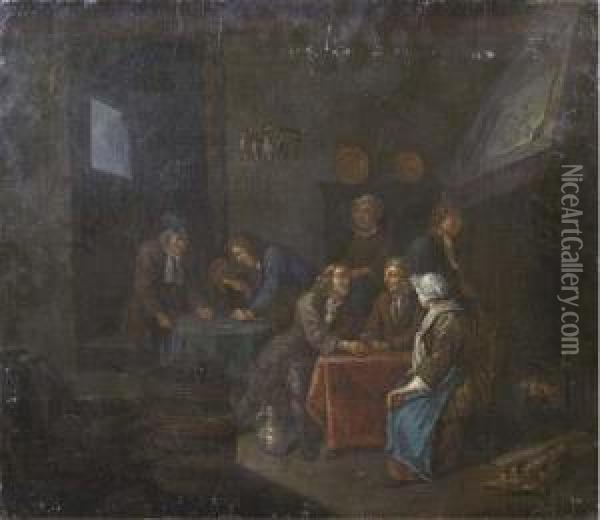 A Tavern Interior With Figures 
Drinking, Smoking And Playing A Game Near An Open Fireplace Oil Painting - Jan Josef, the Elder Horemans
