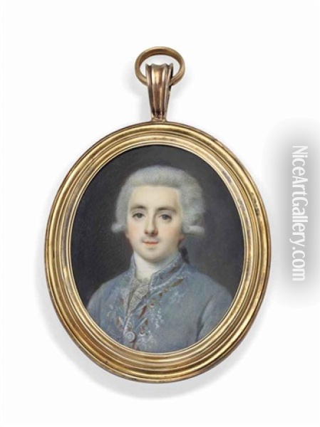 A Young Gentleman, In Silver Embroidered Dove Blue-grey Coat And White Stock With Frilled Cravat, Powdered Hair Worn En Queue With Black Wig-bag Oil Painting - Louis Marie Sicard