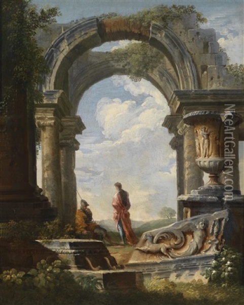 Ruinencapriccios Mit Figurlicher Staffage (pair) Oil Painting - Giovanni Paolo Panini