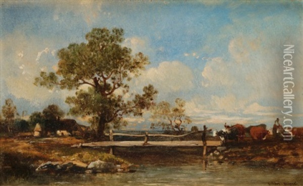 Berger Et Vaches Au Bord De La Riviere, 1873 Oil Painting - Jules Dupre