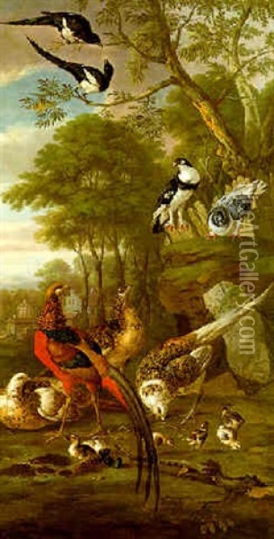 Golden Pheasant With Her Chicks, Pigeons And Magpies In Parkland Oil Painting - Pieter Casteels III