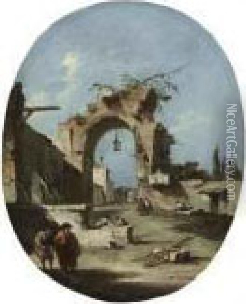 A Capriccio With A Ruined Arch And A Town Wall Oil Painting - Francesco Guardi