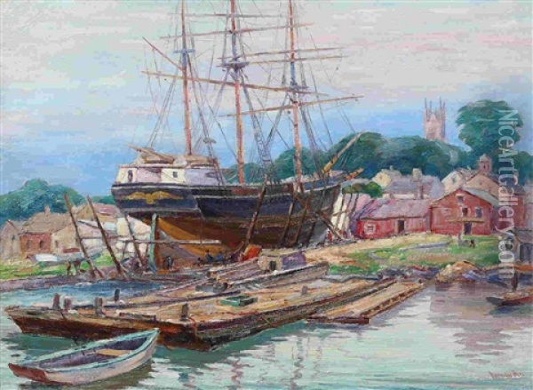 Sunbeam, Whaler At Fairhaven Mass Oil Painting - Reynolds Beal