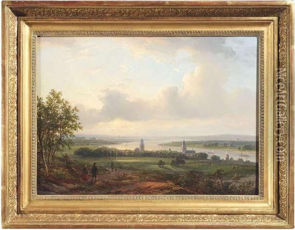 The Rhine Near Arnheim. 
Oil/panel, Signed, Verso On An Label Old Attribution To P.l.f. Kluyver Oil Painting - Lodewijk Johannes Kleijn