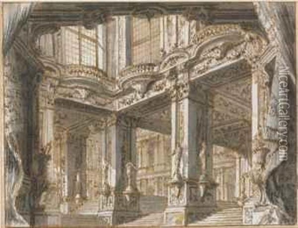 The Courtyard Of A Palace, For A Theatrical Set Oil Painting - Giuseppe Galli Bibiena