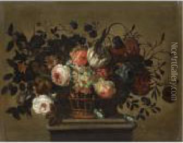 A Flower Still Life With A 
Tulip, Roses, Bluebells, Daffodills And Carnations In A Basket On A 
Ledge Oil Painting - Pieter Hardime