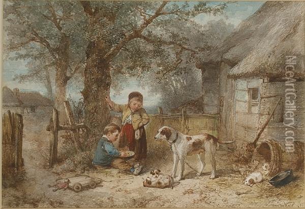 Playing With The Puppies Oil Painting - Jan Mari Henri Ten Kate