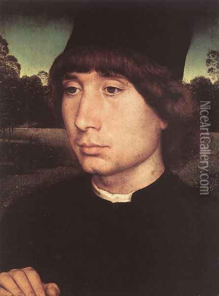 Portrait of a Young Man before a Landscape c. 1480 Oil Painting - Hans Memling