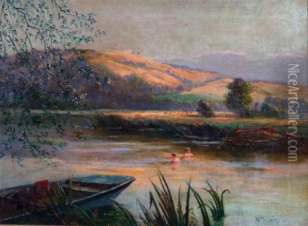 Two Figures Bathing In A River With Moored Punt Oil Painting - William Edward Millner