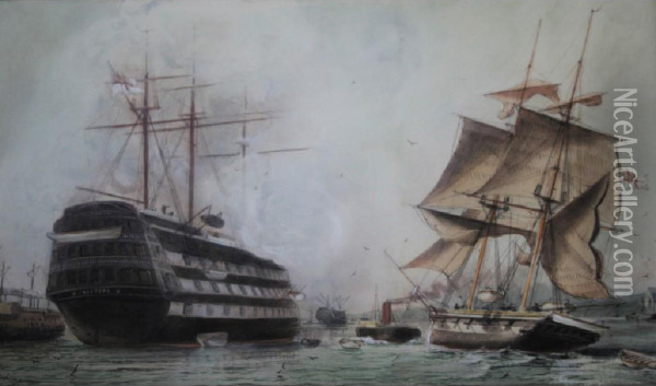 Hms Victory And Other Vessels At Portsmouth Oil Painting - William Edward Atkins