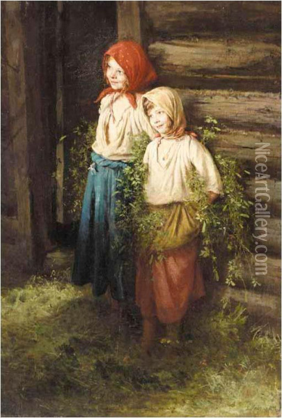 Two Young Peasant Girls Oil Painting - Karl Vikentievich Lemoch
