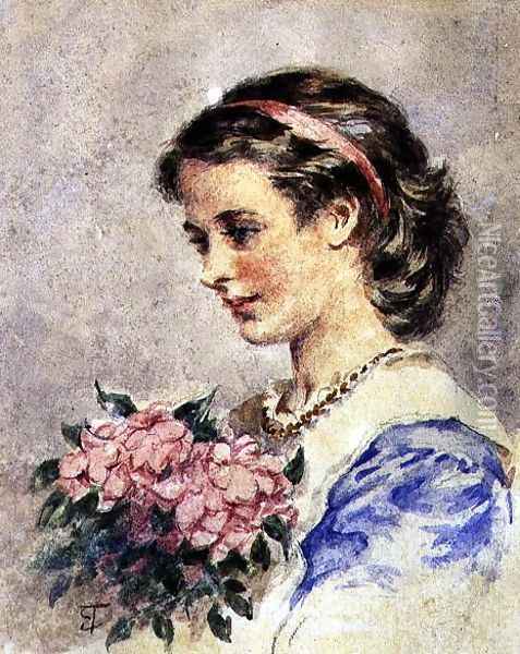 Young Girl with a Bunch of Pink Flowers Oil Painting - Edward Tayler