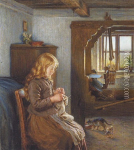 Strikkende Pige I En Bondestue Oil Painting - Emil Carl Lund