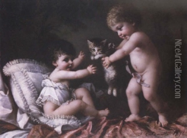 Playing With The Kitten Oil Painting - Josephine Calamatta