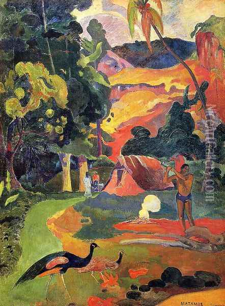 Matamoe Aka Landscape With Peacocks Oil Painting - Paul Gauguin