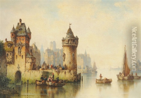 Nieder Rheinscher Hafen Oil Painting - Ludwig Hermann