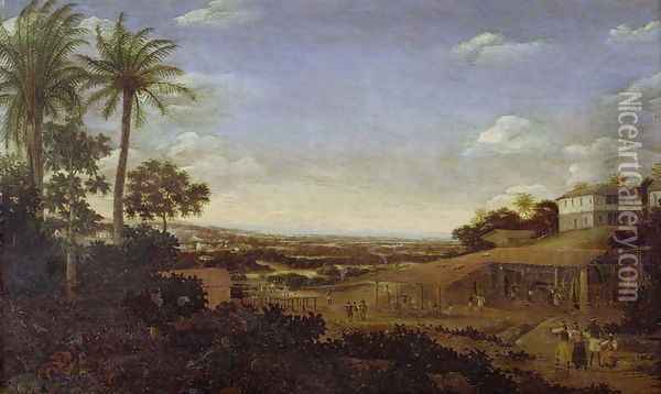 Brazilian landscape with sugar mill, armadillo and snake, River Varzea Oil Painting - Frans Jansz. Post