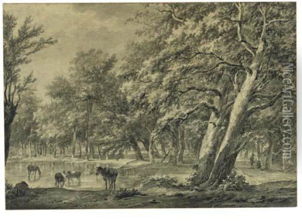 A Wood With A Herdsman, His 
Cattle Drinking In A Pond, Travellersresting Next To A Barn Nearby Oil Painting - Barend Cornelis Koekkoek