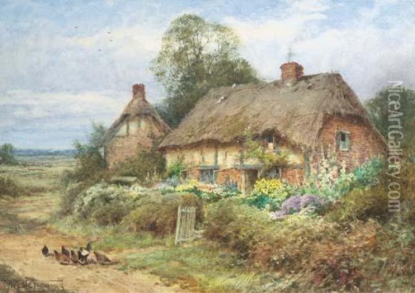 Chickens Before A Thatched Cottage At Harlington,bedfordshire Oil Painting - Henry John Sylvester Stannard