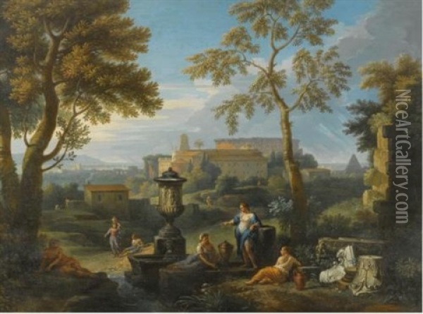 Classical Figures Seated By Ruins In An Italianate Landscape Oil Painting - Jan Frans van Bloemen