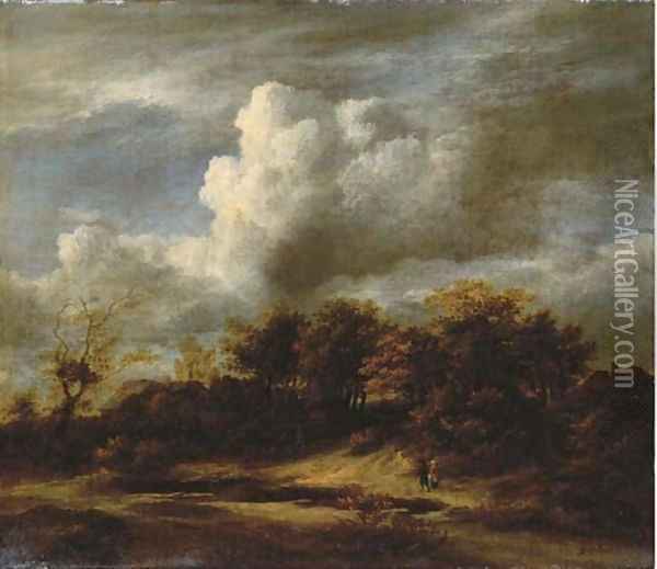 A wooded landscape with travellers walking among the dunes Oil Painting - (follower of) Ruisdael, Jacob I. van