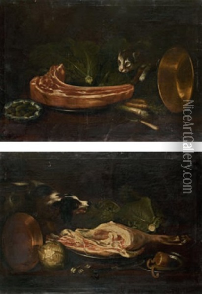 Chat Devant Une Cote De Boeuf (+ Chien Devant Un Gigot; Pair) Oil Painting - Pieter Van Boucle