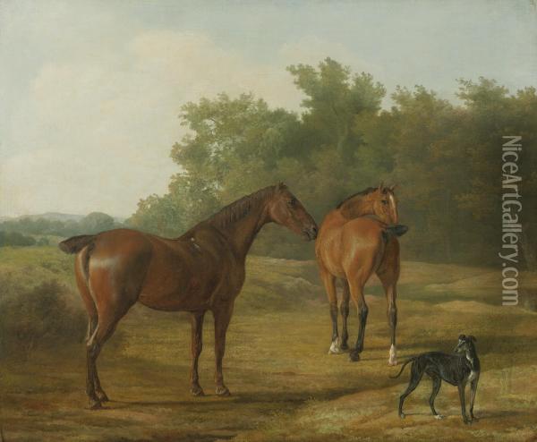 Two Horses And A Greyhound In A Landscape Oil Painting - Jacques Laurent Agasse