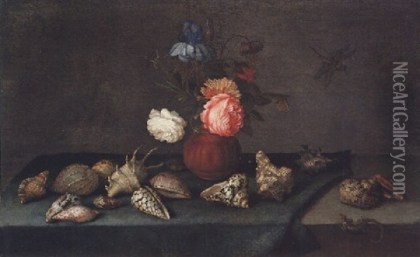 Still Life Of Roses, An Iris And Fritillaries In An Earthenware Vase, With Assorted Shells, A Dragonfly And A Lizard Upon A Table Oil Painting - Balthasar Van Der Ast