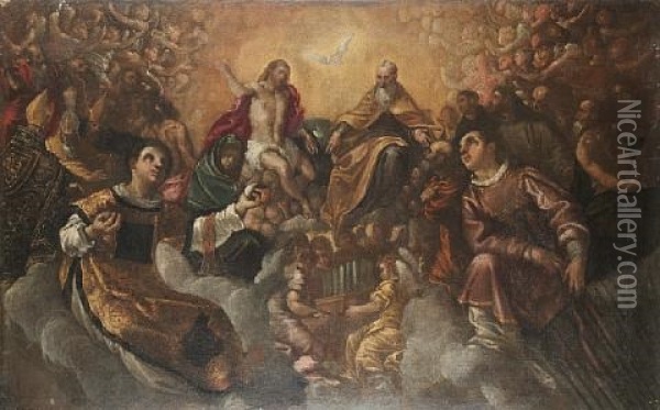 The Holy Trinity With Saints Stephen And Lawrence Oil Painting - Andrea (Andrea Vicentino) Michieli