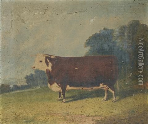 A Prize Cow In A Wooded River Landscape Oil Painting - Richard Whitford Jr.