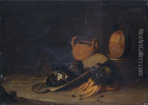 A Still Life With A Terracotta 
Urn, A Copper Basin, Cabbages And Carrots, Set In A Barn Interior Oil Painting - Egbert van der Poel