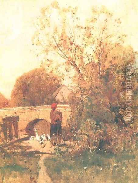 Gooseherd Girl c. 1880 Oil Painting - Geza Meszoly
