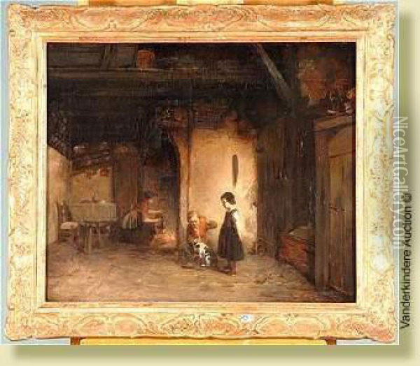 Enfants Jouant Avec Le Chat Dans Uninterieur Oil Painting - Alexandre Louis Lion