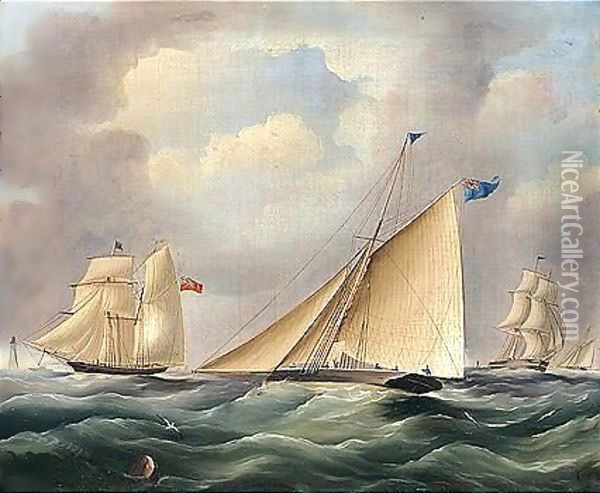 A Cutter And Other Shipping Near A Lighthouse Oil Painting - James E. Buttersworth