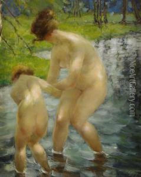 Moder Och Barn Som Badar Oil Painting - Vitali Gavrilovitch Tikhov