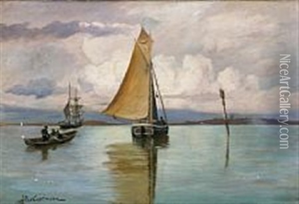 A Cloudy Day With Ships At Sea Oil Painting - Andreas Christian Riis Carstensen