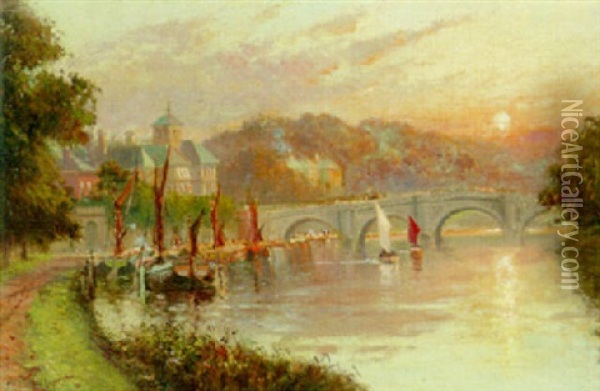 Richmond Bridge At Sunset Oil Painting - Charles John de Lacy