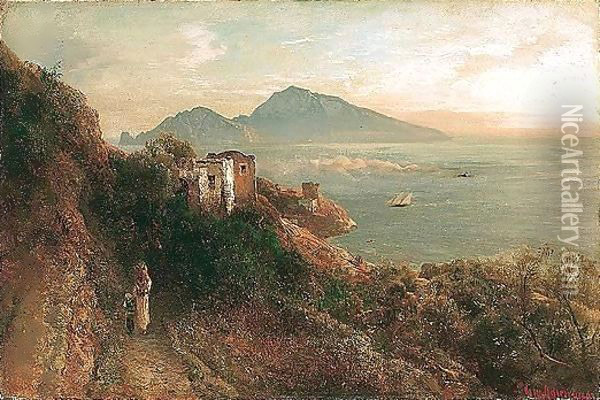 Blick Vom Kap Massa Auf Die Insel Capri (View From Cape Massa Towards Capri) Oil Painting - Oswald Achenbach