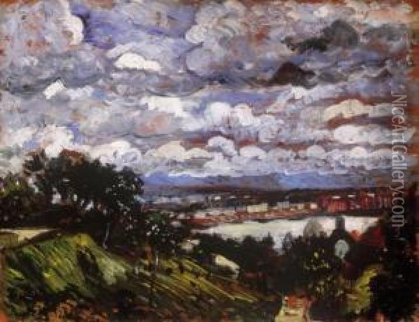 Riverside Landscape Oil Painting - Andor Dudits