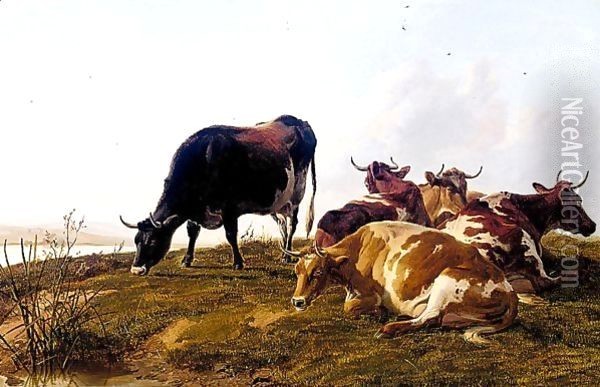 Cattle Resting Beside A River Oil Painting - Thomas Sidney Cooper
