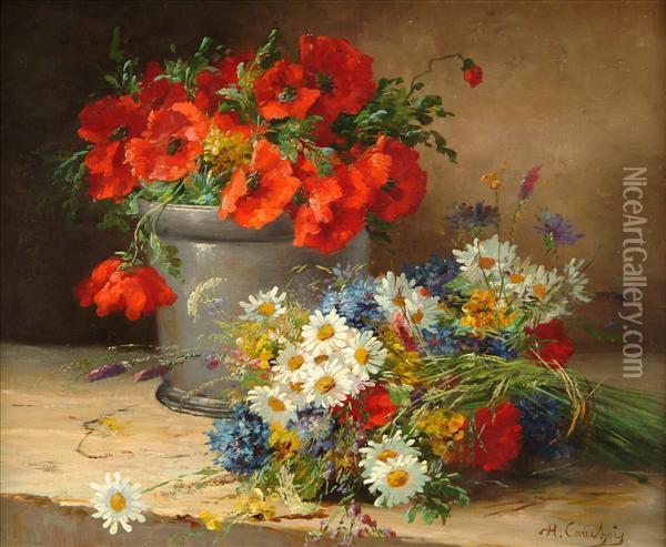 Poppies,cornflowers And Daisies Oil Painting - Eugene Henri Cauchois