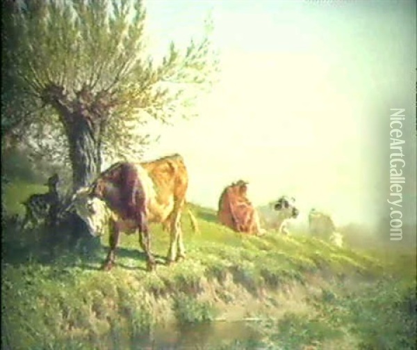 Vier Weidende Kuhe Und Eine Ziege Am Ufer Des Genfersees Oil Painting - Charles (Jean-Ch. Ferdinand) Humbert