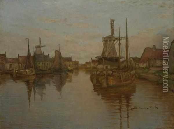 Hollandische Stadt Mit Segelbooten Oil Painting - Ferdinand Bohmer-Fest