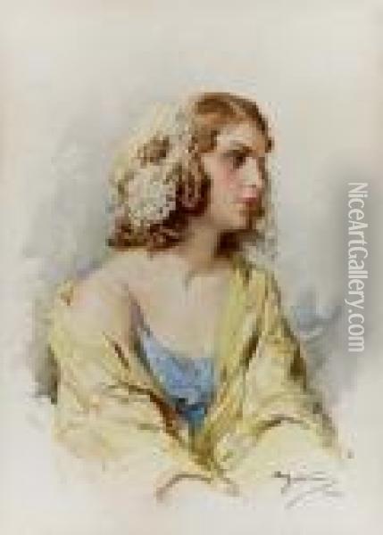 Ritratto Femminile Con Cuffietta Di Pizzo - 1942 Oil Painting - Achille Beltrame