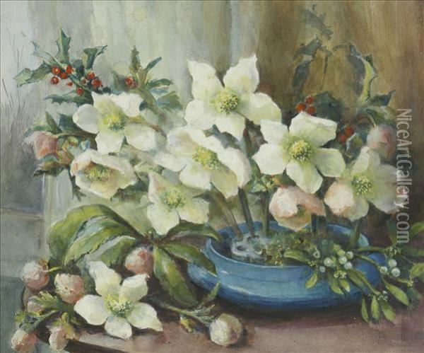Christmasroses And Holly In A Blue Earthenware Bowl Oil Painting - Maud Angell