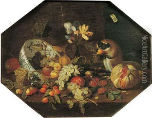 Nature Morte A La Coupe De Fruits Et Petit Singe Oil Painting - Jan Iii Van Kessel